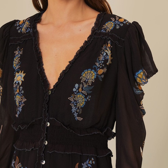 FARM RIO Floral-Embroidered Long-Sleeve Minidress, SiZE SMALL 1363 - Picture 5 of 11